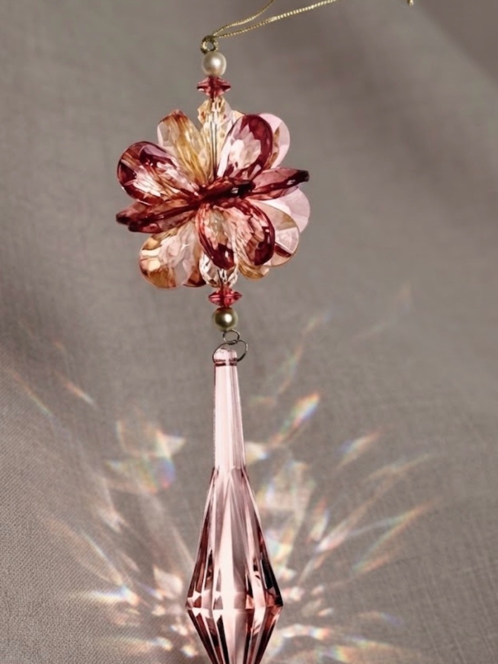 Vintage Pink Glass Flower Suncatcher - Decorative Christmas Hanging